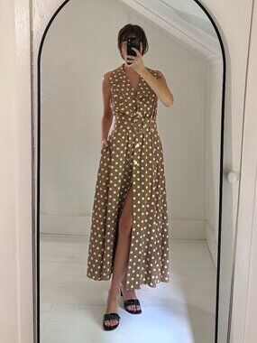 All That Jazz Vintage 90s Polka Dot Belted Buttoned Midi Dress Size 9/10 Brown